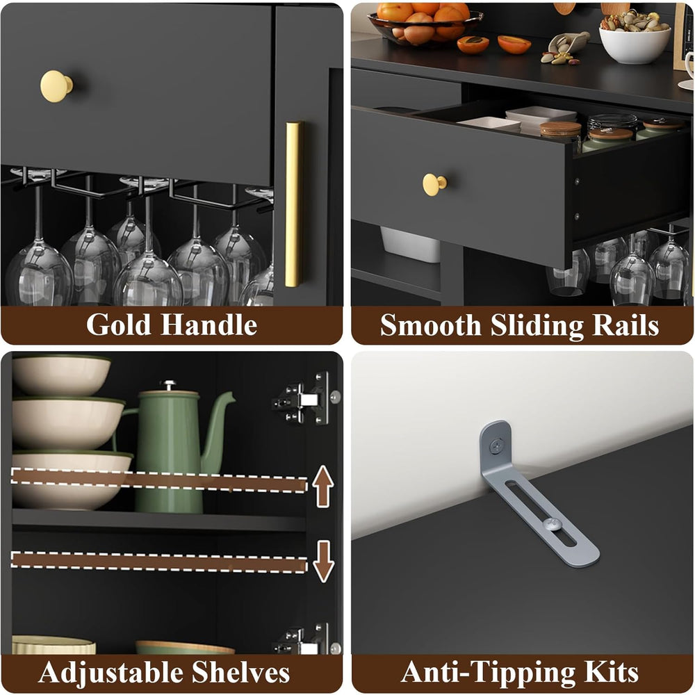72'' Large Kitchen Pantry Cabinet with LED Light, Black Kitchen Hutch...