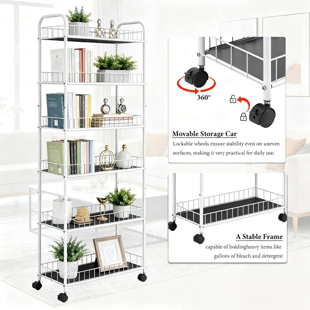 10in 6 Tier Slim Storage Cart with Wheels,White Narrow Space Rolling Shelving...