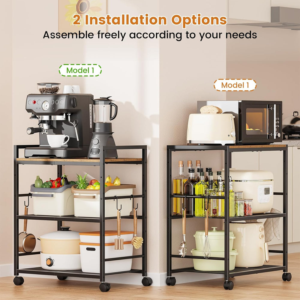 Rolling Kitchen Microwave Cart, 3-Tier Microwave Stand with Adjustable Shelf,...