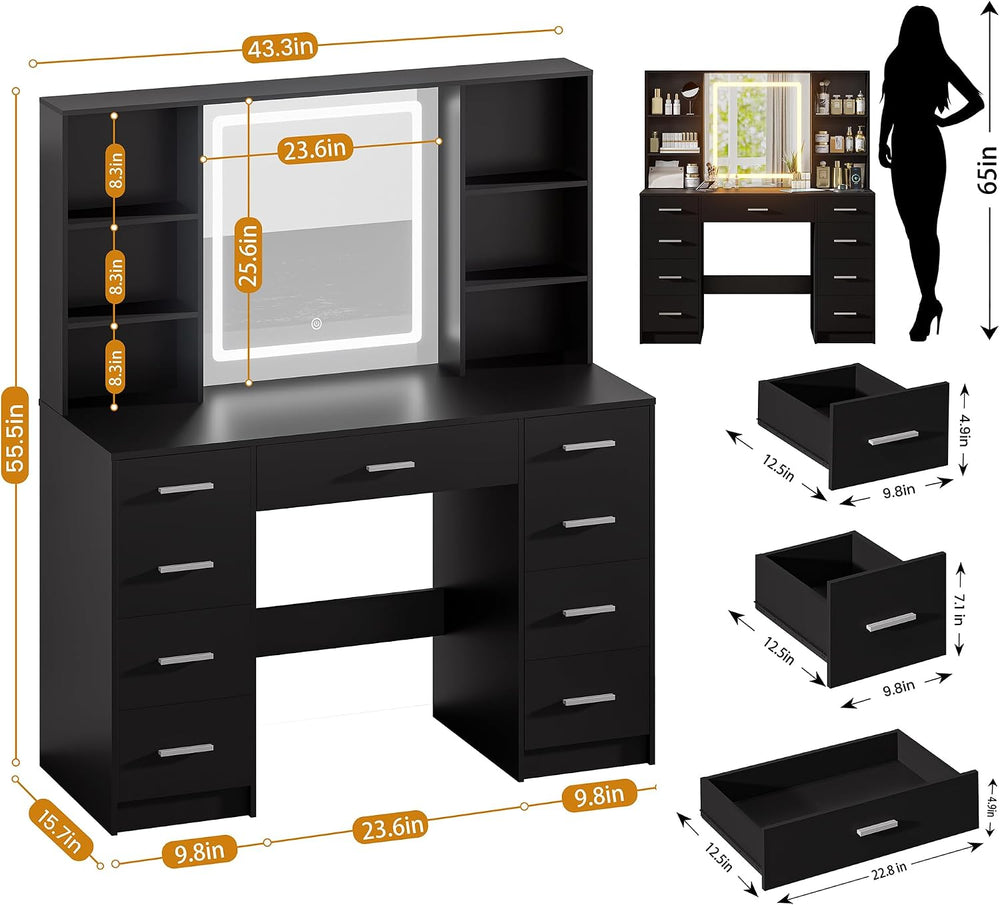 Black Vanity Desk with Mirror and Lights,Makeup Vanity with 9 Drawers, 6 Shel...