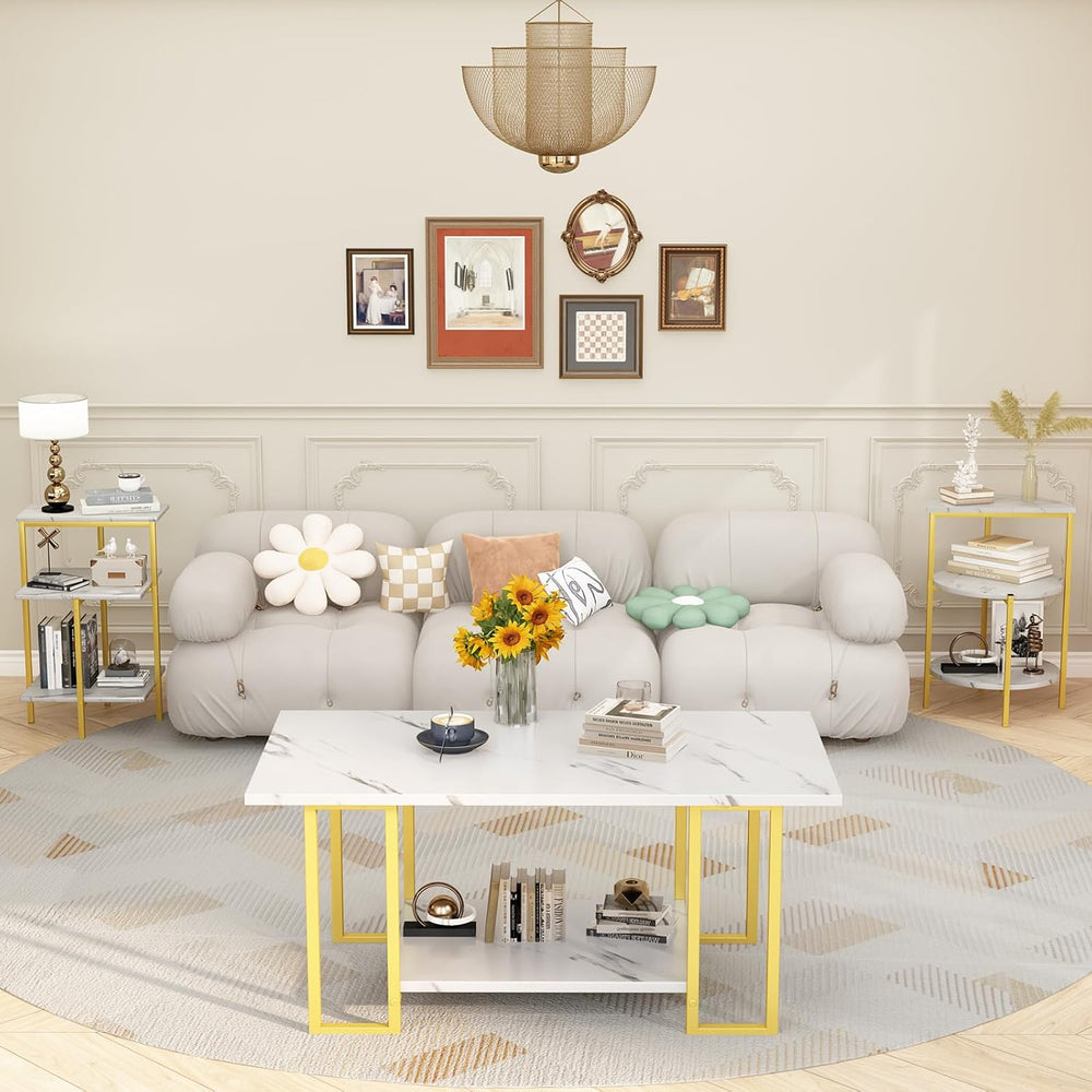Lamerge Coffee Table Set of 3,Rectangle Coffee Table&2 Accent Table,Faux ...