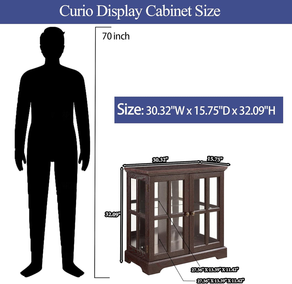 2 Door Curio Display Cabinet with LED Light & Adjustable Shelves, 30"...