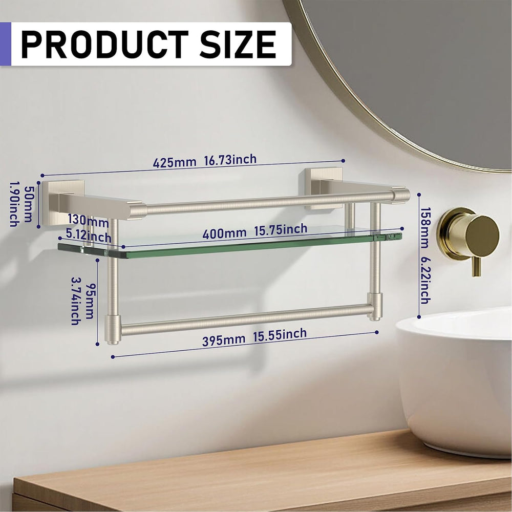 16-Inch Modern Glass Shelf with Towel Bar, 1-Shelf, Brushed Nickel Finish, Wa...