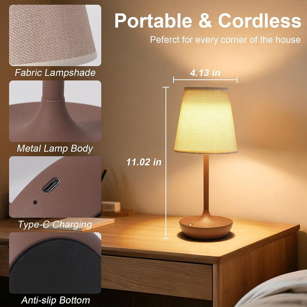 Cordless Table Lamp Rechargeable, Fabric Shade Bedside Lamp