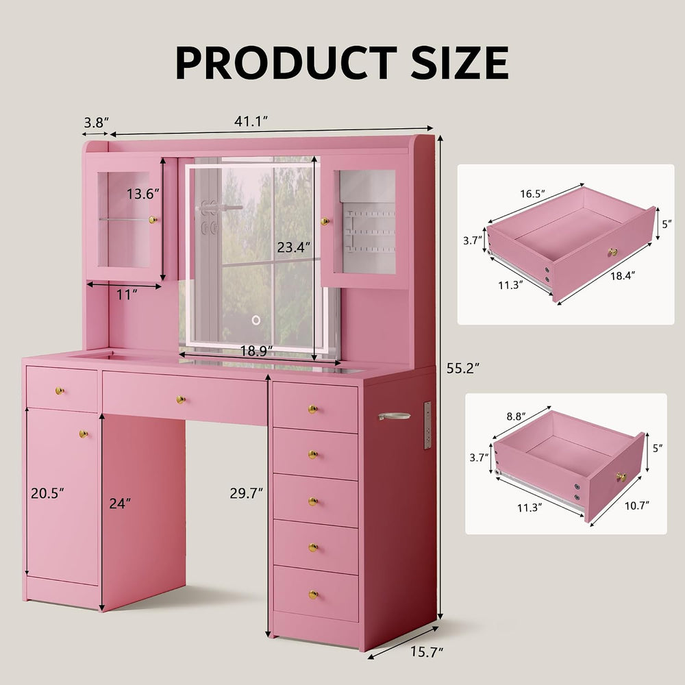iPormis Vanity Desk with Mirror and Lights, Glass Top Makeup Vanity with RGB ...