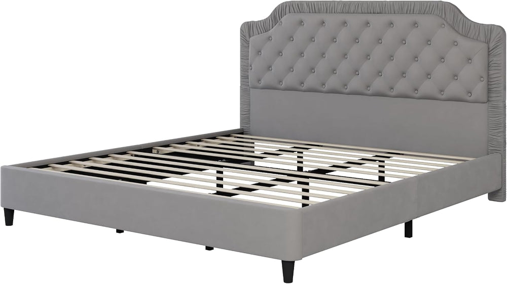 King Size Upholstered Bed with Ruched and Button Tufted Headboard, No Box Spr...