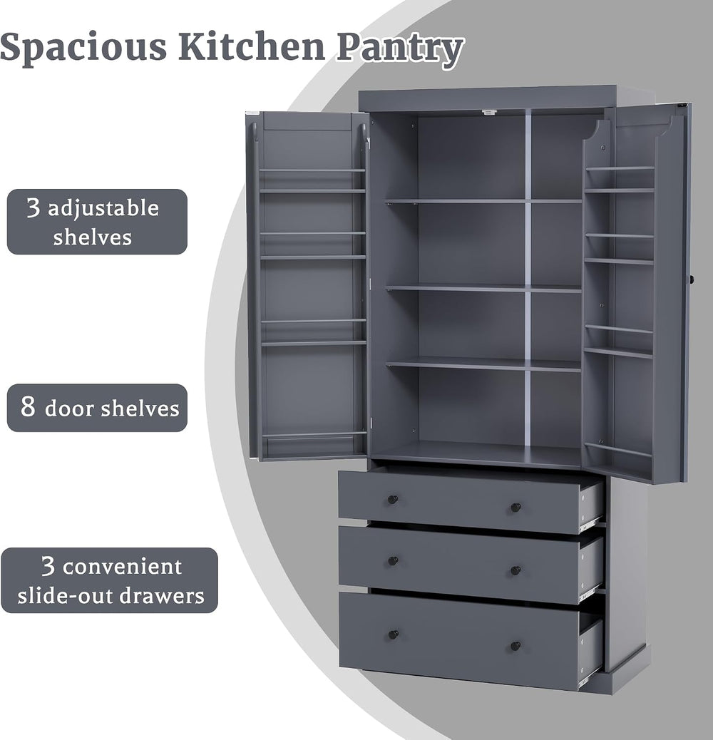 Kitchen Pantry Cabinet,77inch Farmhouse Kitchen Pantry, Freestanding Tall Cup...