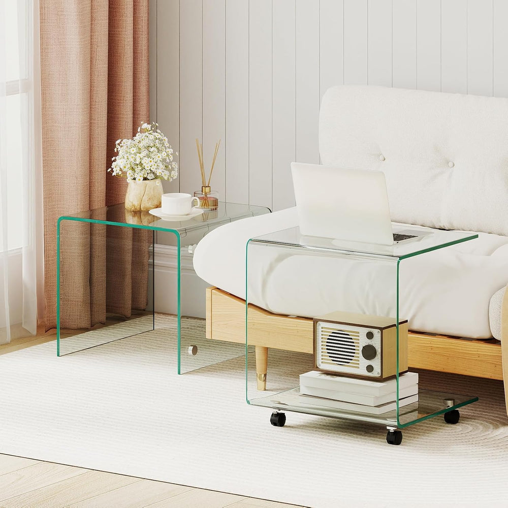 BECOMFORT Tempered Glass C-Shape End Table, Rolling Side Table with 4 Lockabl...
