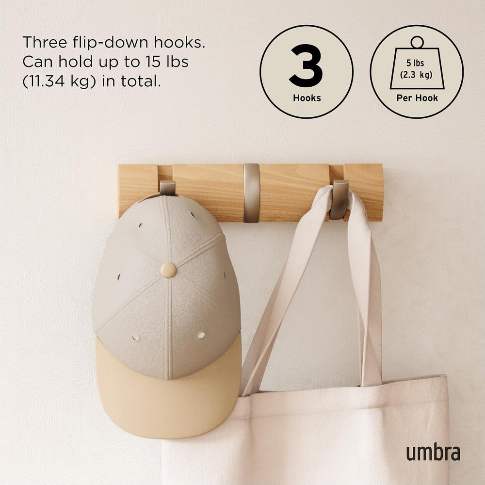 Umbra Flip Coat Rack, Wall Mount Retractable Hooks, 3-Hook, Natural/Nickel