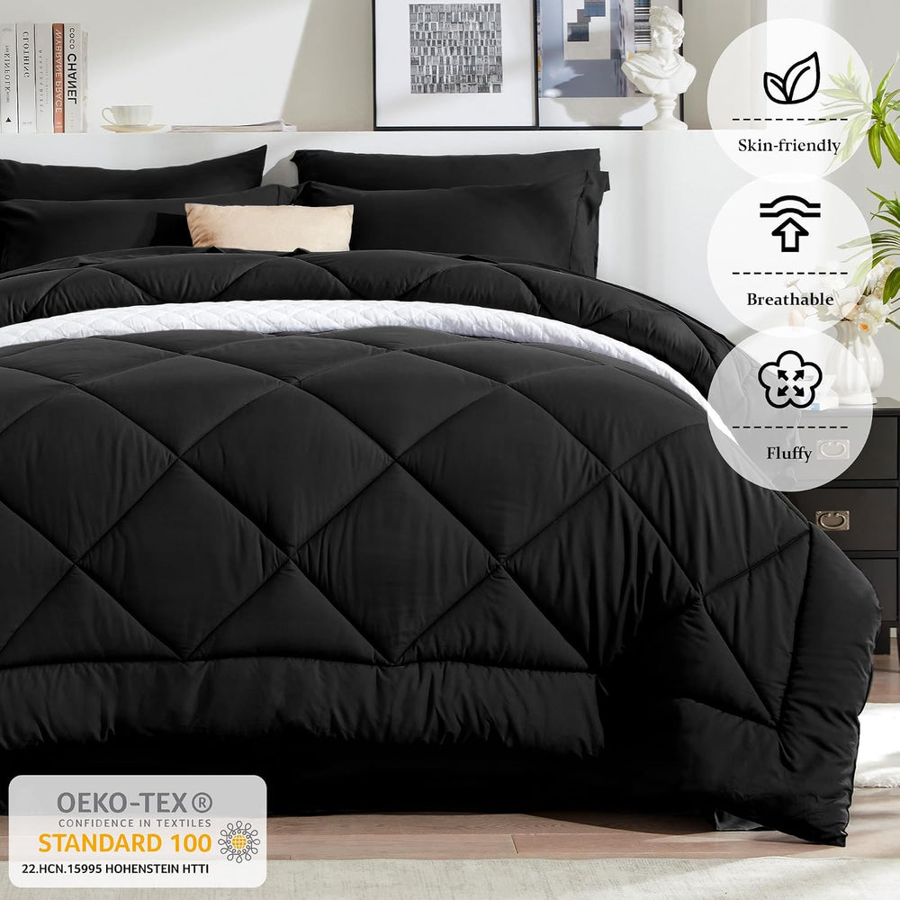 Newspin Queen Comforter Set 8 Pieces Bed in a Bag Soft Bedding Set Black