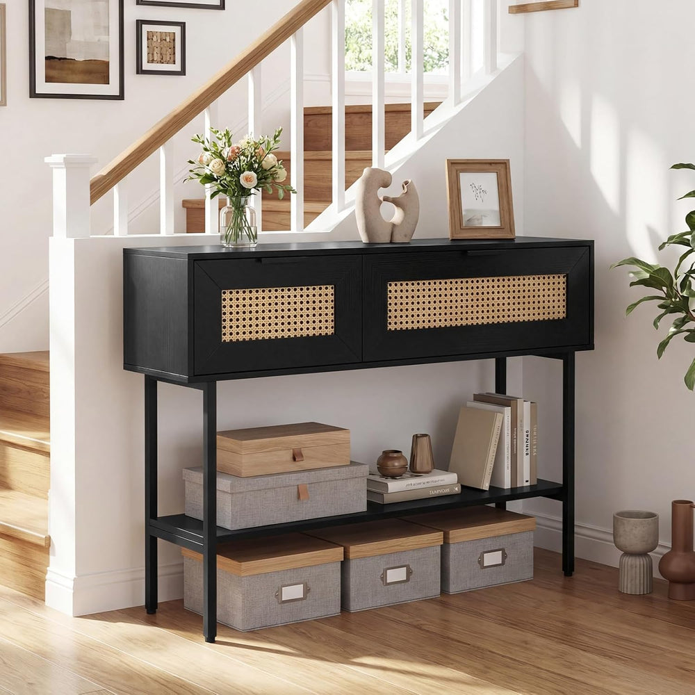 GOFLAME 40” Rattan Console Table, Narrow Long Entryway Table with Storage She...