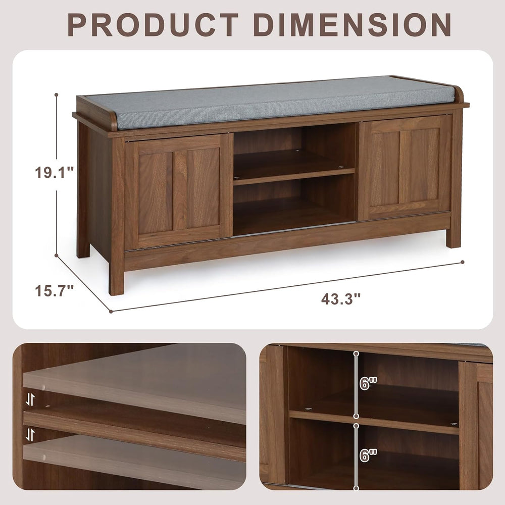 2-Tier Shoe Storage Bench,43" Wooden Shoe Cabinet with Sliding Doors,Wal...