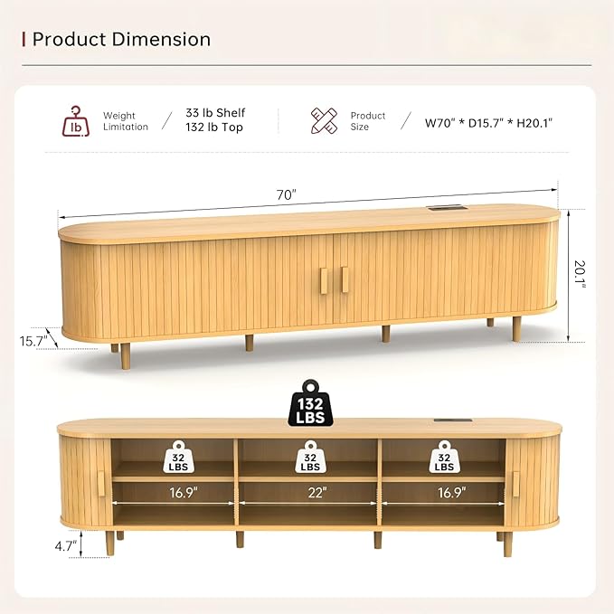 70" Mid Century Modern TV Stand, Wood TV Consoles with Sliding Doors and...
