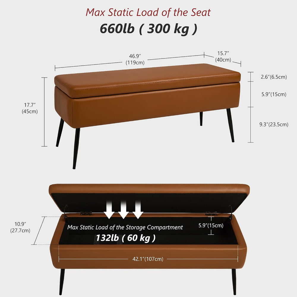kinmars Leather Storage Ottoman Bench, End of Bed Bench with Steel Legs | Bro...