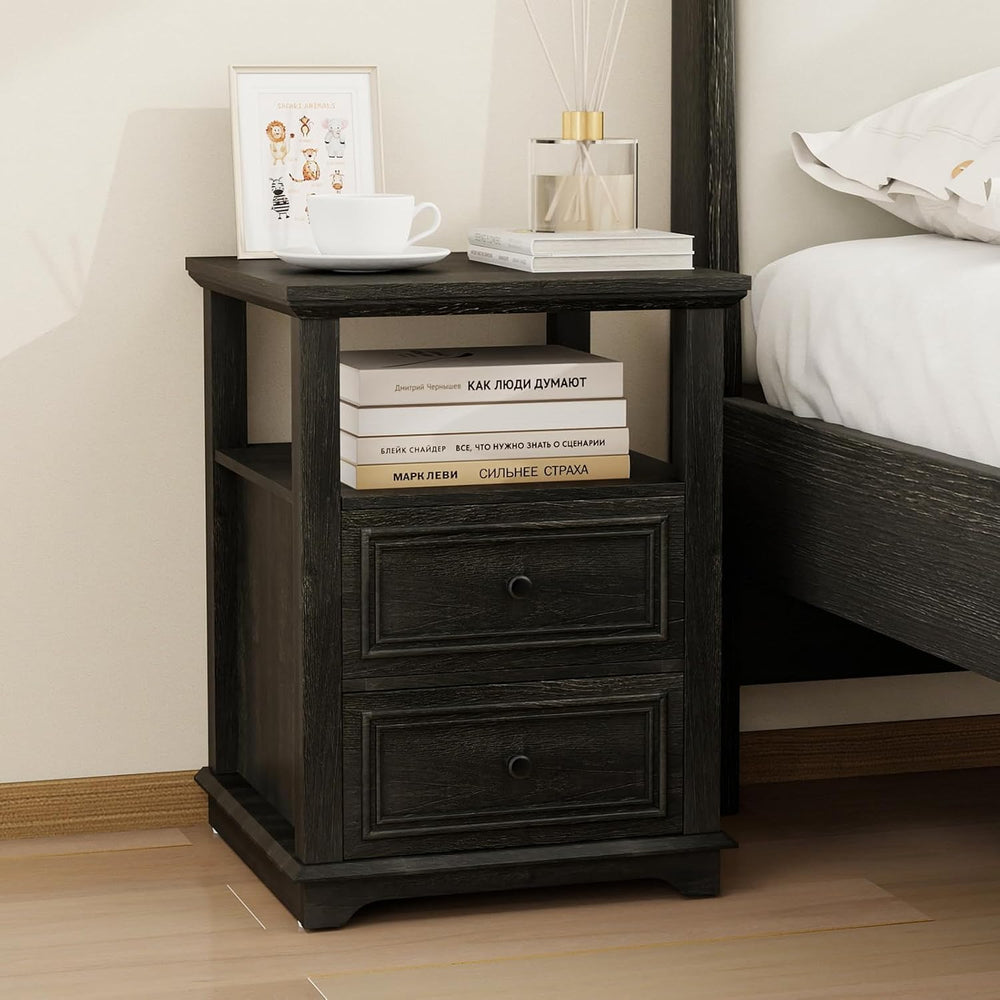 MUUEGM Farmhouse Nightstand 18” Brown End Table with Charging Station Rustic ...