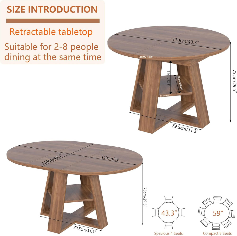 43.3"-59" Extendable Round Oval Dining Table for 4-8 with Storage S...