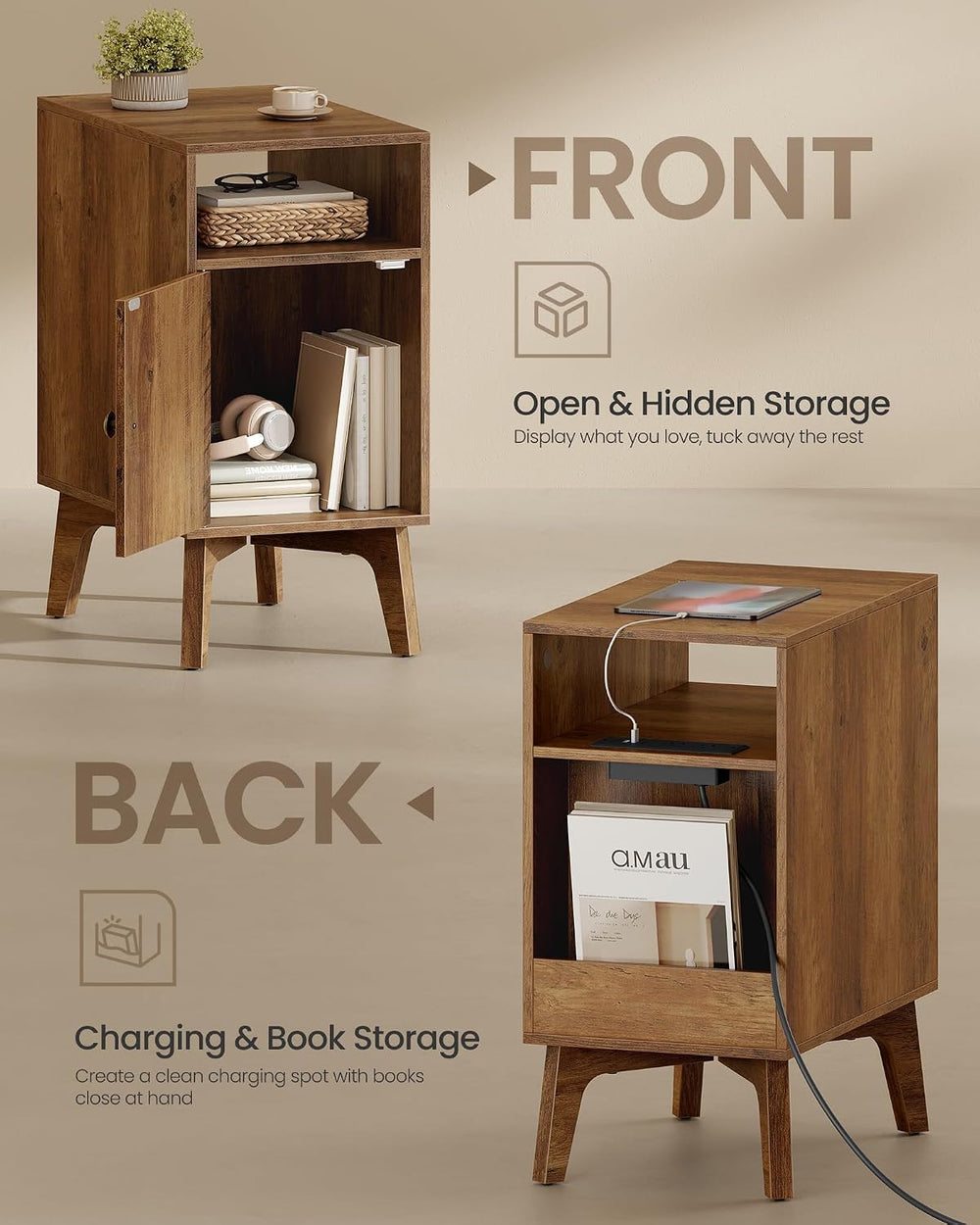 VASAGLE End Table with Charging Station, Narrow Side Table, Nightstand