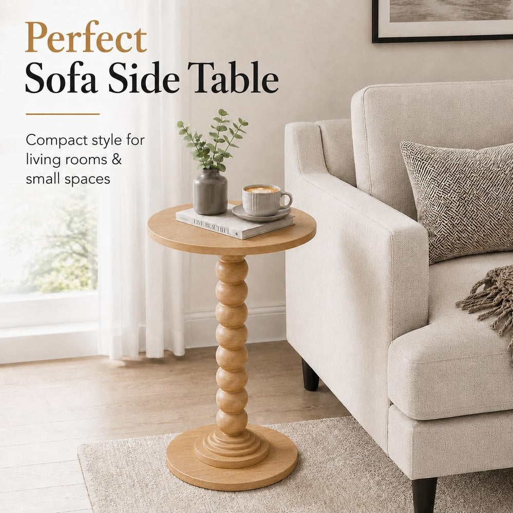 Round Side Table for Small Spaces, Modern Accent End Table with Solid Wood Le...