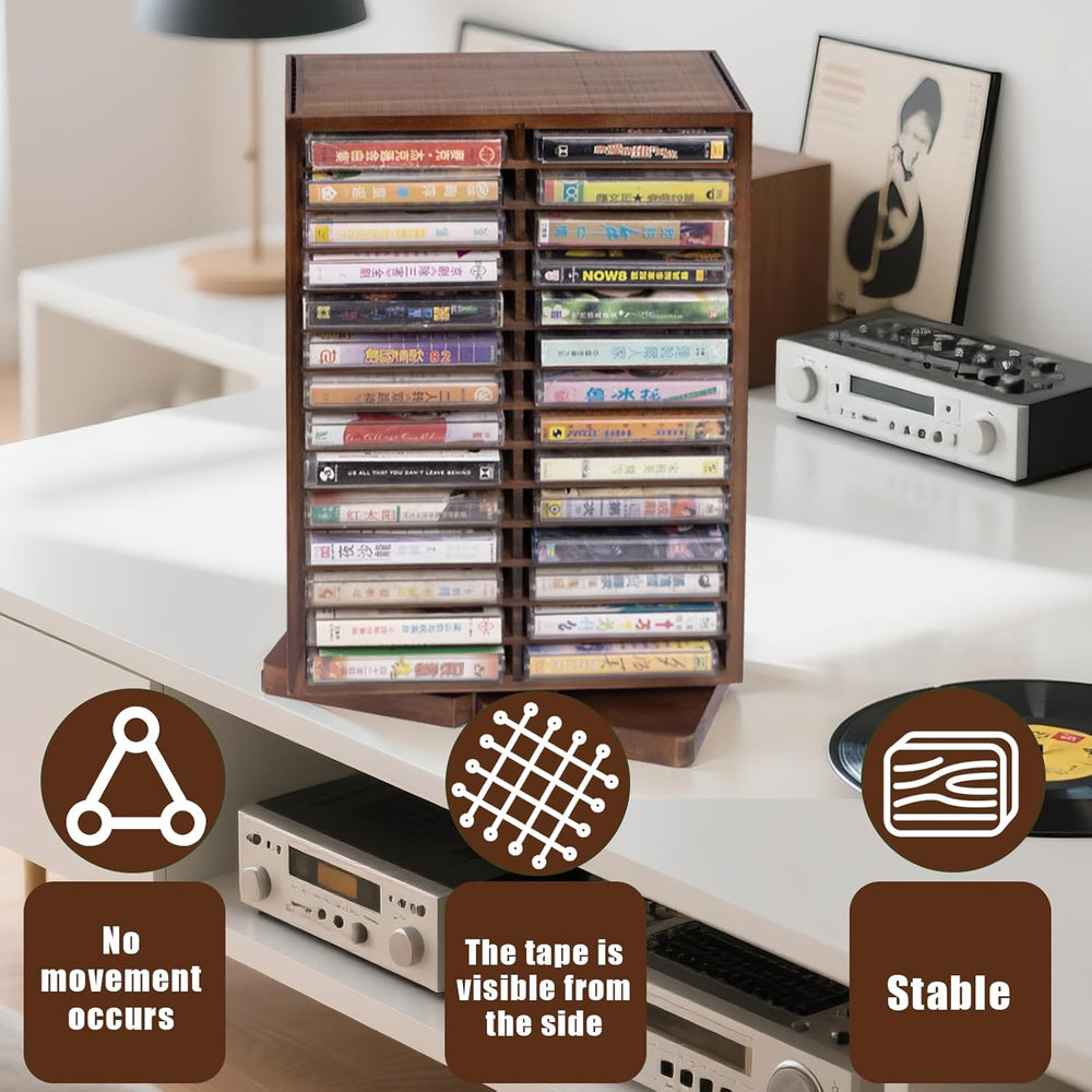 WodGod Cassette Tape Storage Box, Wood Cassette Rack, Wooden Cassette Tape Ho...