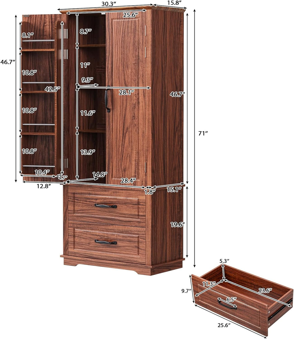 Pantry Cabinet with 2 Large Drawers, Embossed Texture Freestanding Cupboard w...