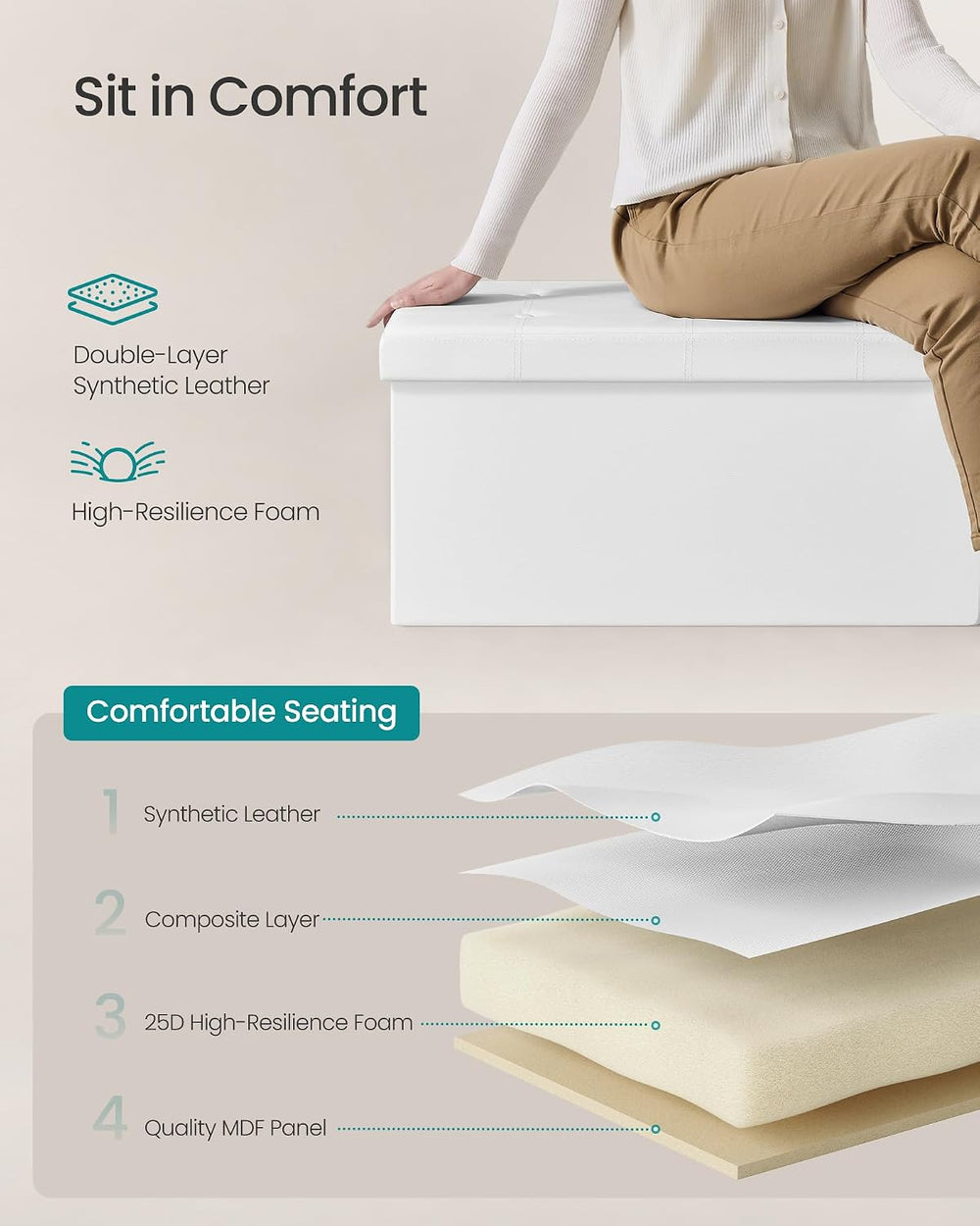 SONGMICS Storage Ottoman Bench, 43.3 Inches Folding Foot Rest Stool | PU Leat...