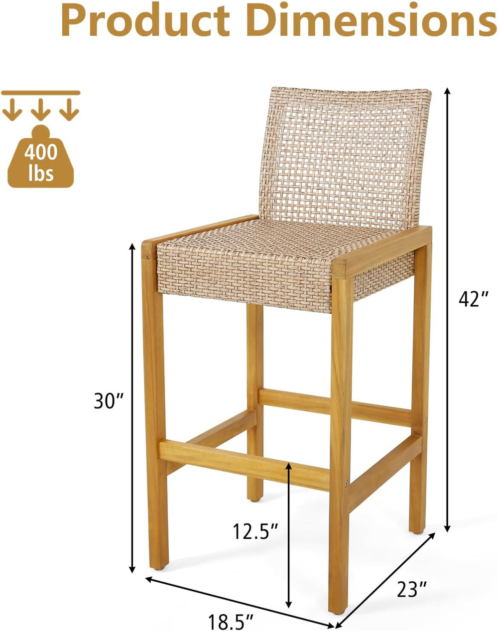 Tangkula Patio Wood Barstools Set of 2, PE Rattan Bar Height Chairs with Back...