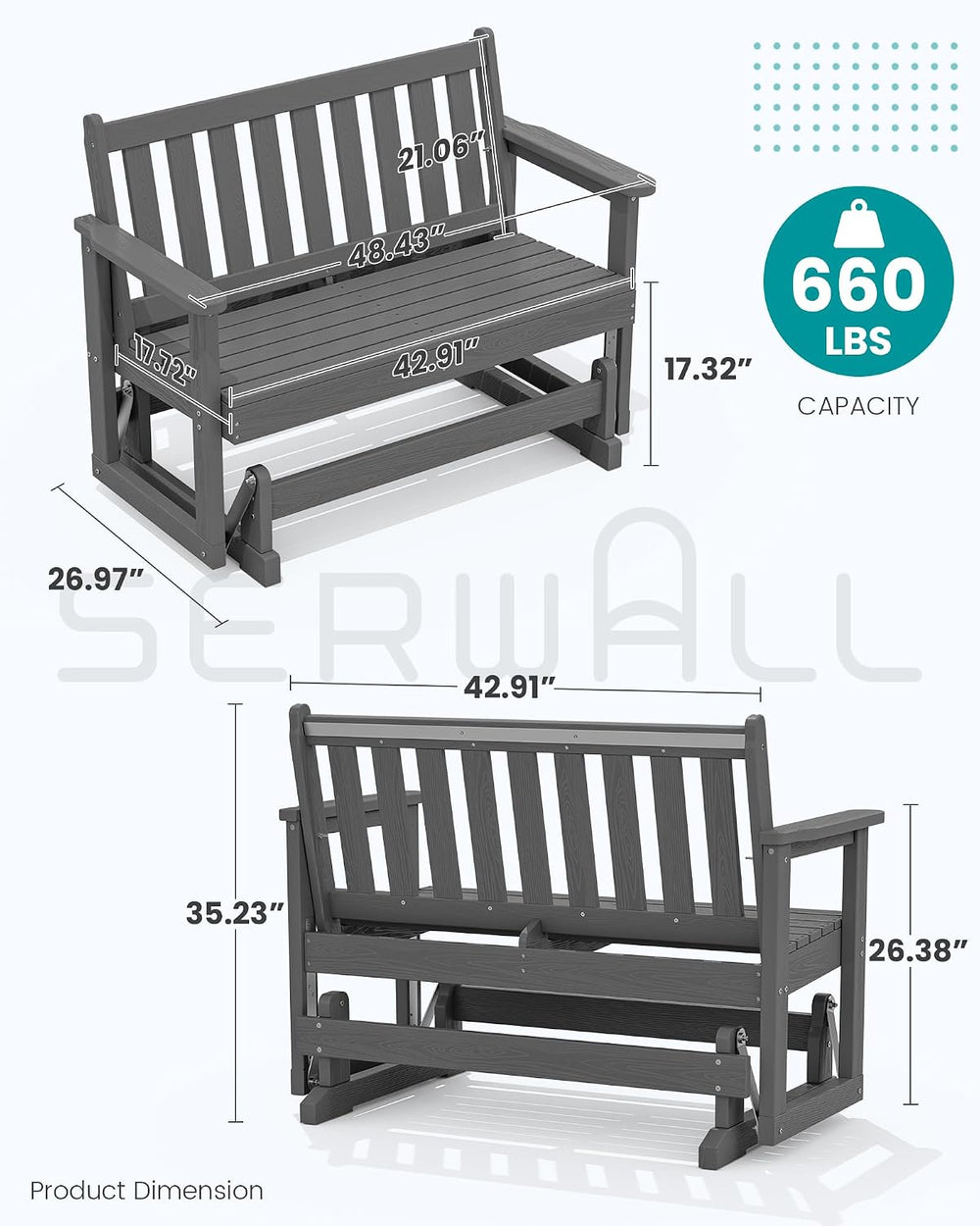 SERWALL 2 Person Patio Glider Bench, HDPE All Weather Swinging Bench, Grey