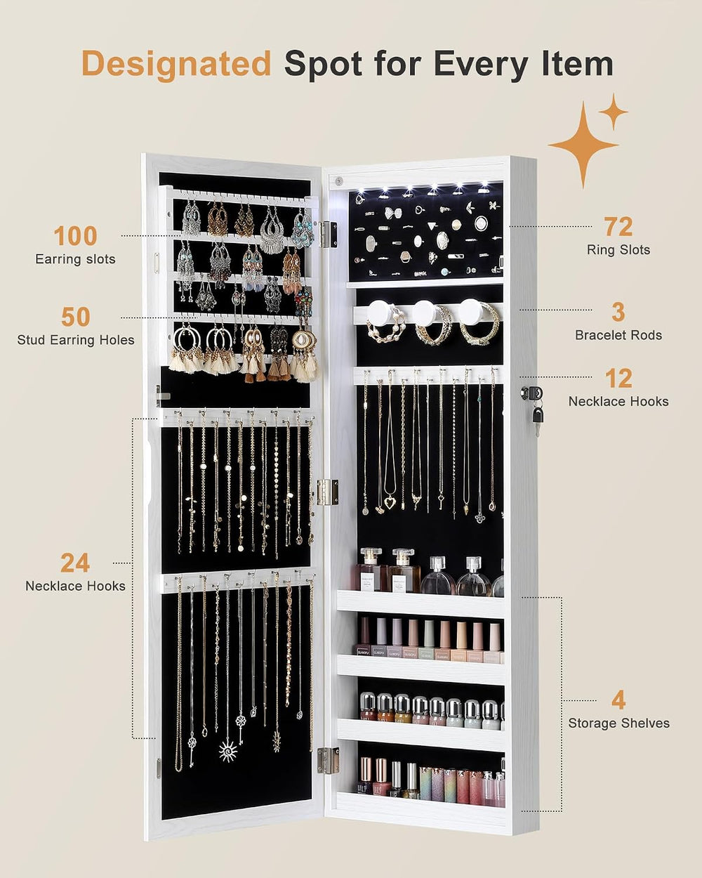 Nicetree 6 LEDs Jewelry Armoire, Hanging Mirror Jewelry Cabinet, White | Over...