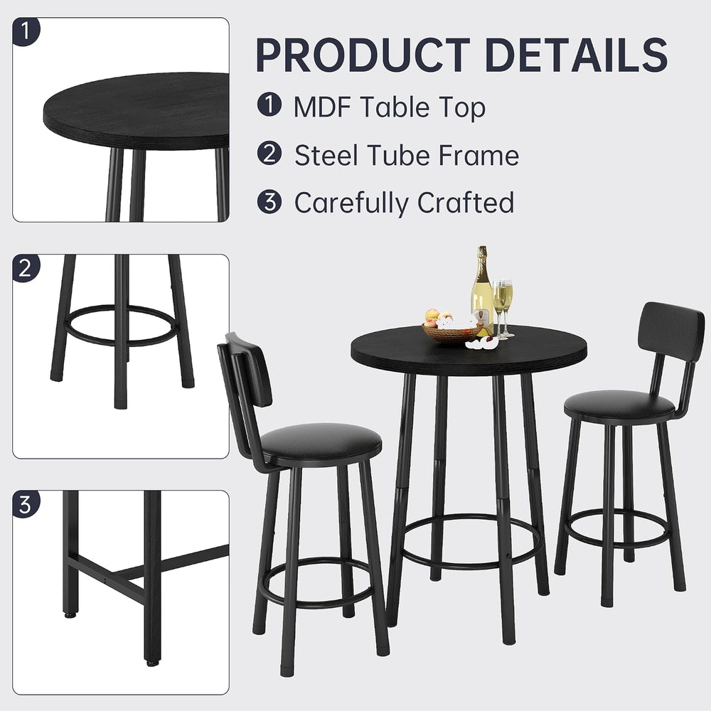 Recaceik 3‑Piece Pub Dining Set, Counter Height Modern Round Bar Table with W...