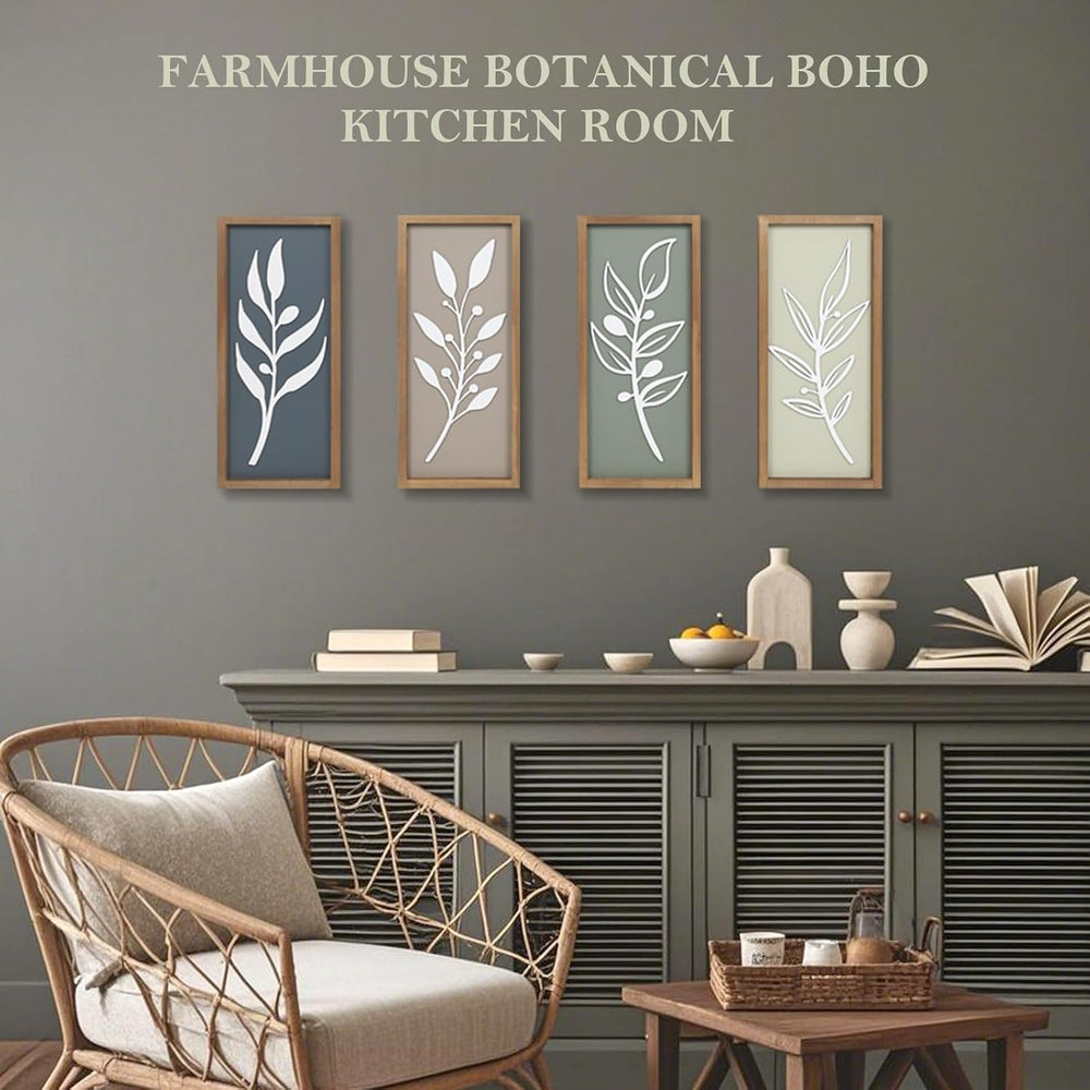 3D Tree Leaf Wooden Framed Boho Wall Art (Set of 4)