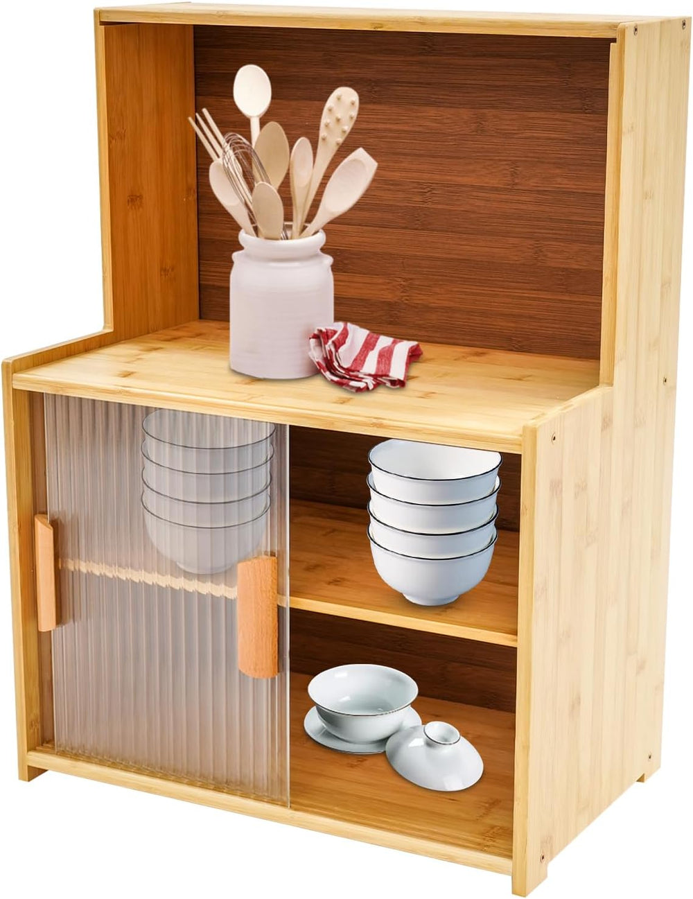 Kitchen Storage Cabinet with Sliding Doors, Bamboo Kitchen Pantry Sideboard, ...