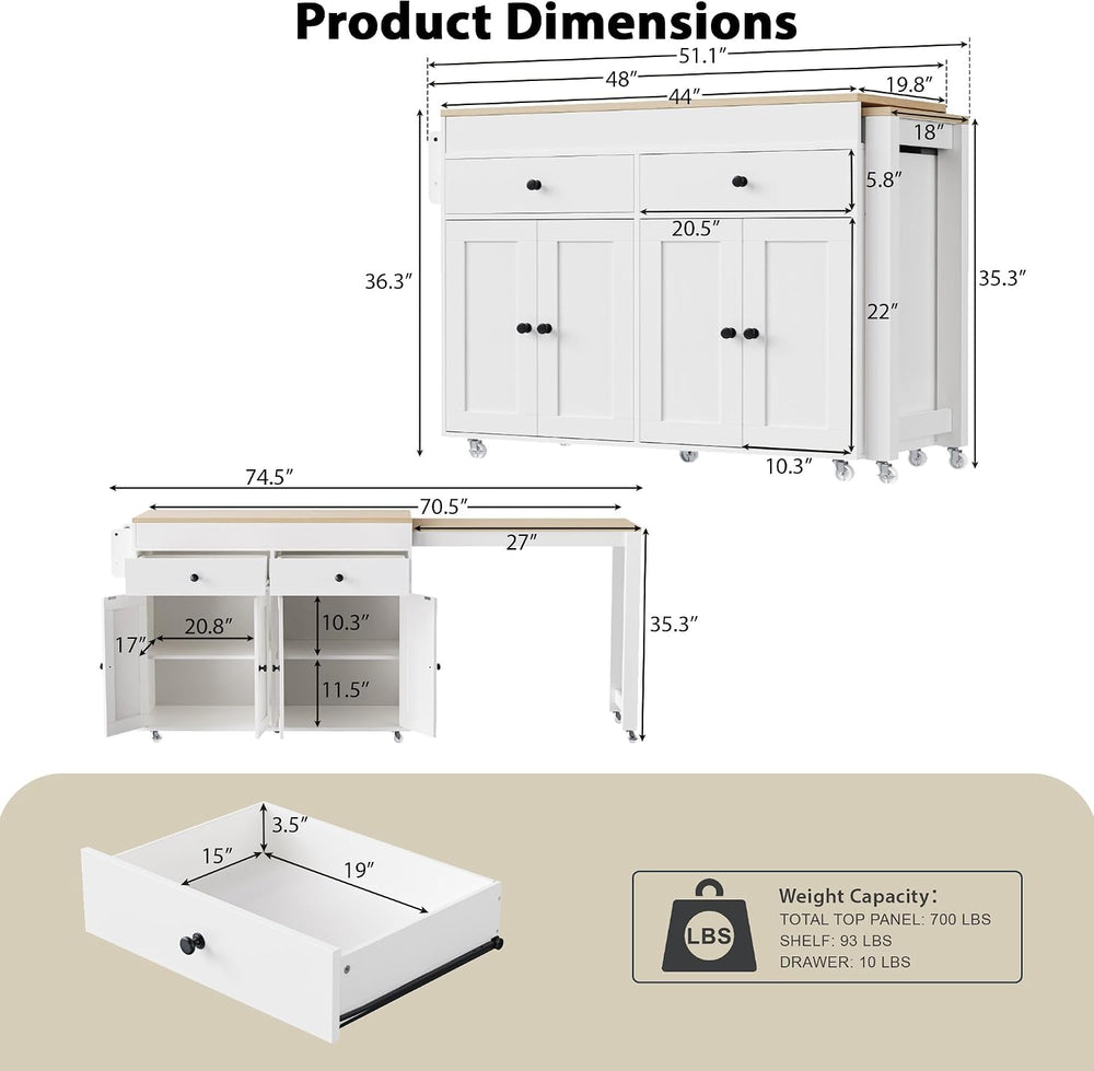 74.5" Kitchen Island with Extendable Table, Rolling Kitchen Island | Sea...