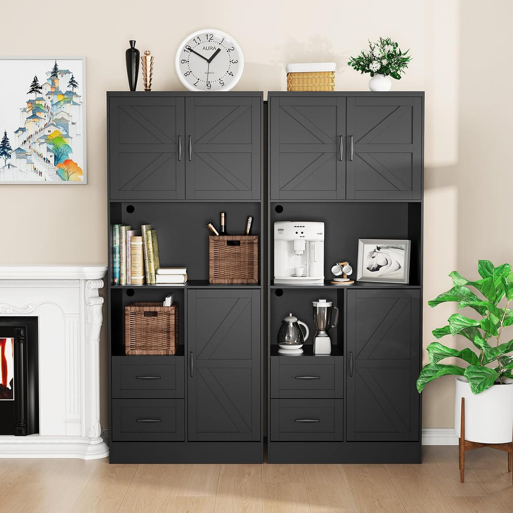 Bigbiglife Farmhouse Kitchen Pantry Cabinet with LED Lights and Power Strip, ...