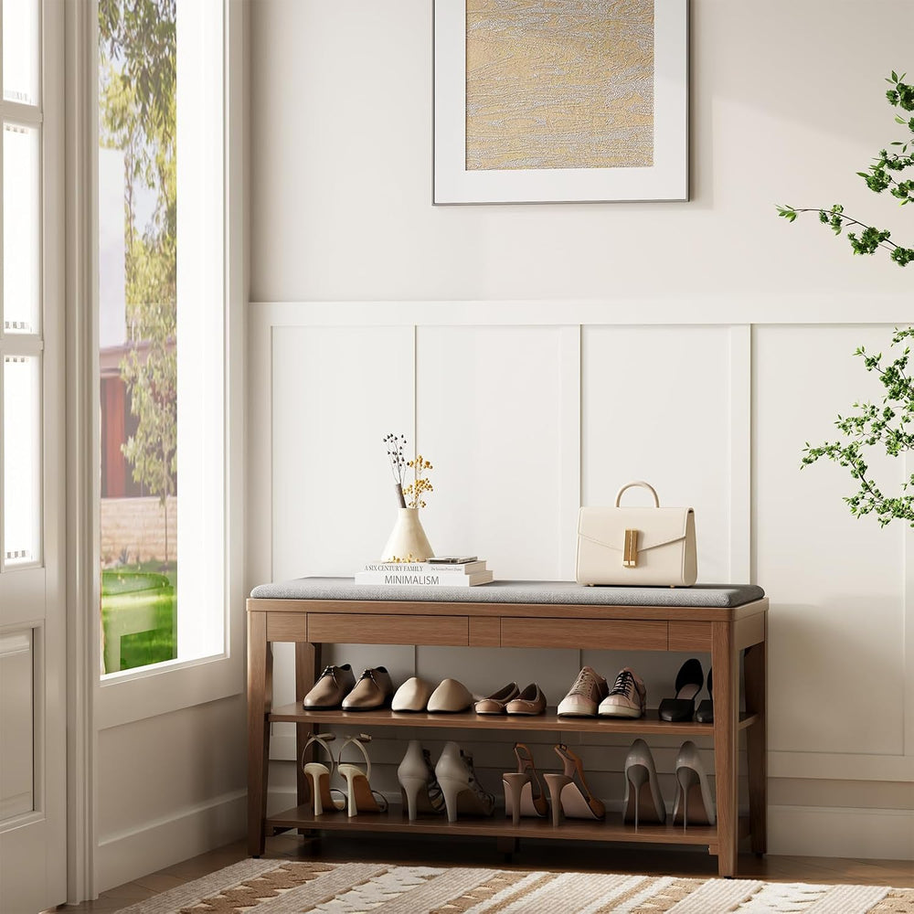 Shoe Bench with Storage, Wooden Shoe Storage Bench with Cushion&Hidden Dr...
