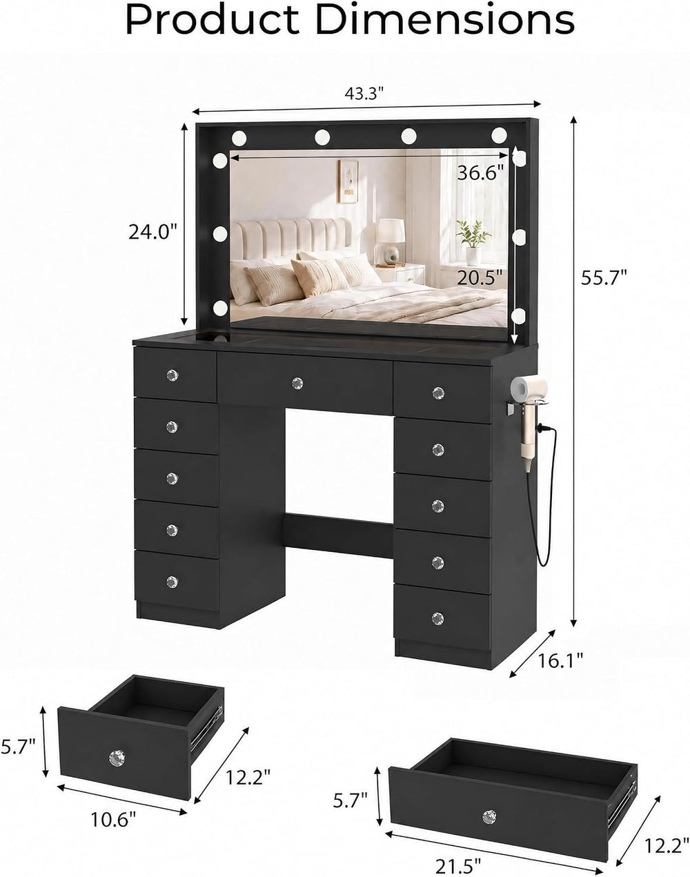 Otterease Black Makeup Vanity with Mirror and Lights,11 Drawers & Glass T...