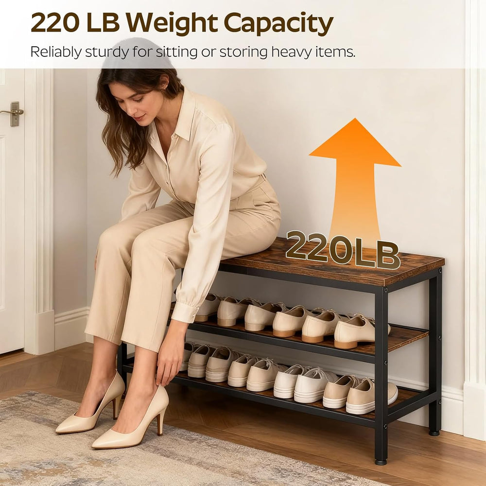 YATINEY Wooden Shoe Bench, 3-Tier Industrial Shoe Storage Bench, Sturdy Shoe ...