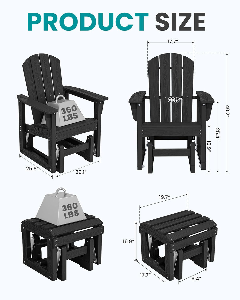 SERWALL HDPE Outdoor Glider with Ottoman Set of 4, All-Weather Patio Glider