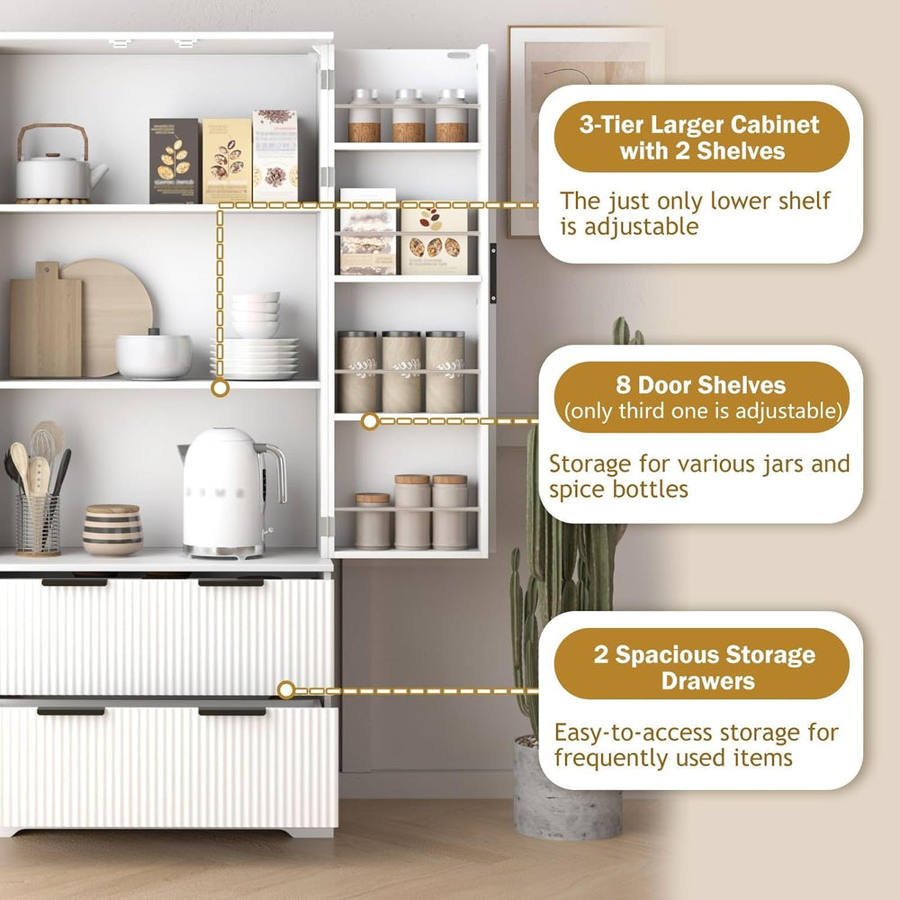72" Fluted Kitchen Pantry Cabinet, Modern Storage Organizer with 2 Spaci...