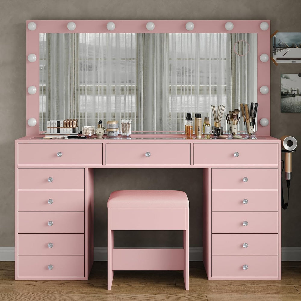 FUSOU Makeup Vanity with Power Outlet & Lighted Mirror, 13 Drawers Vanity...