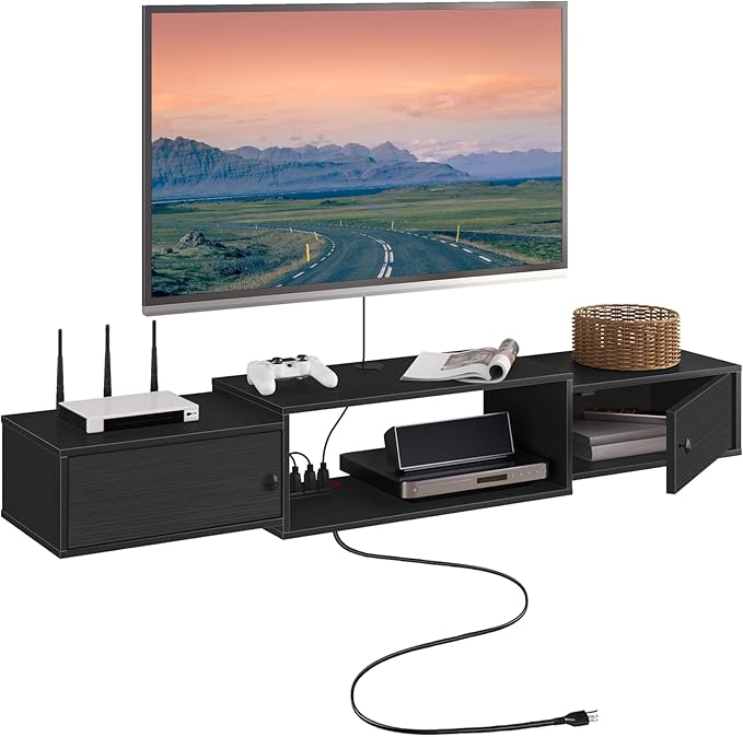 HOOBRO 55" Floating TV Stand with Power Outlets, Modern Wall Mounted Med...