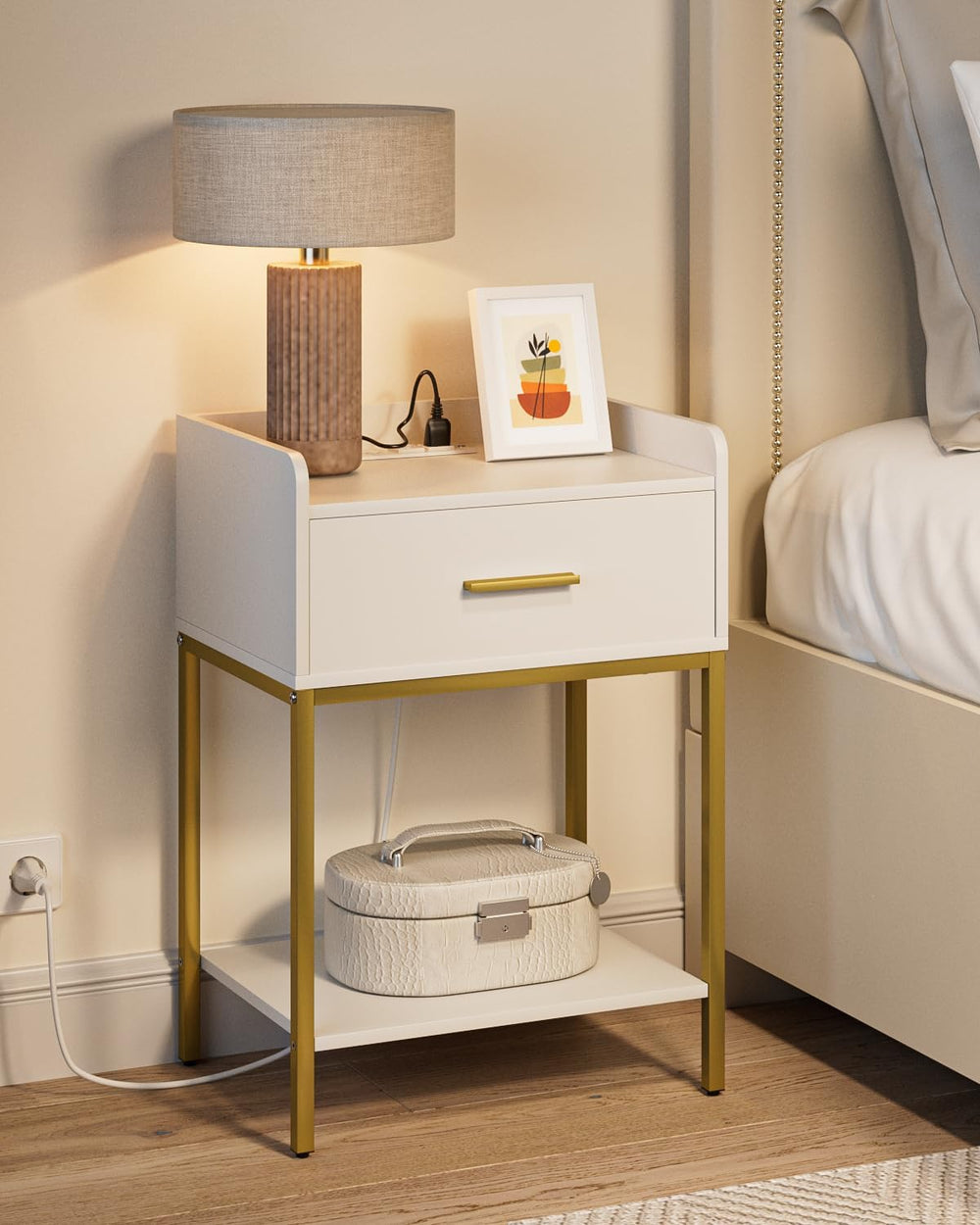 Masupu Nightstand with Charging Station,3-Tier Modern Bedside Night Stand wit...