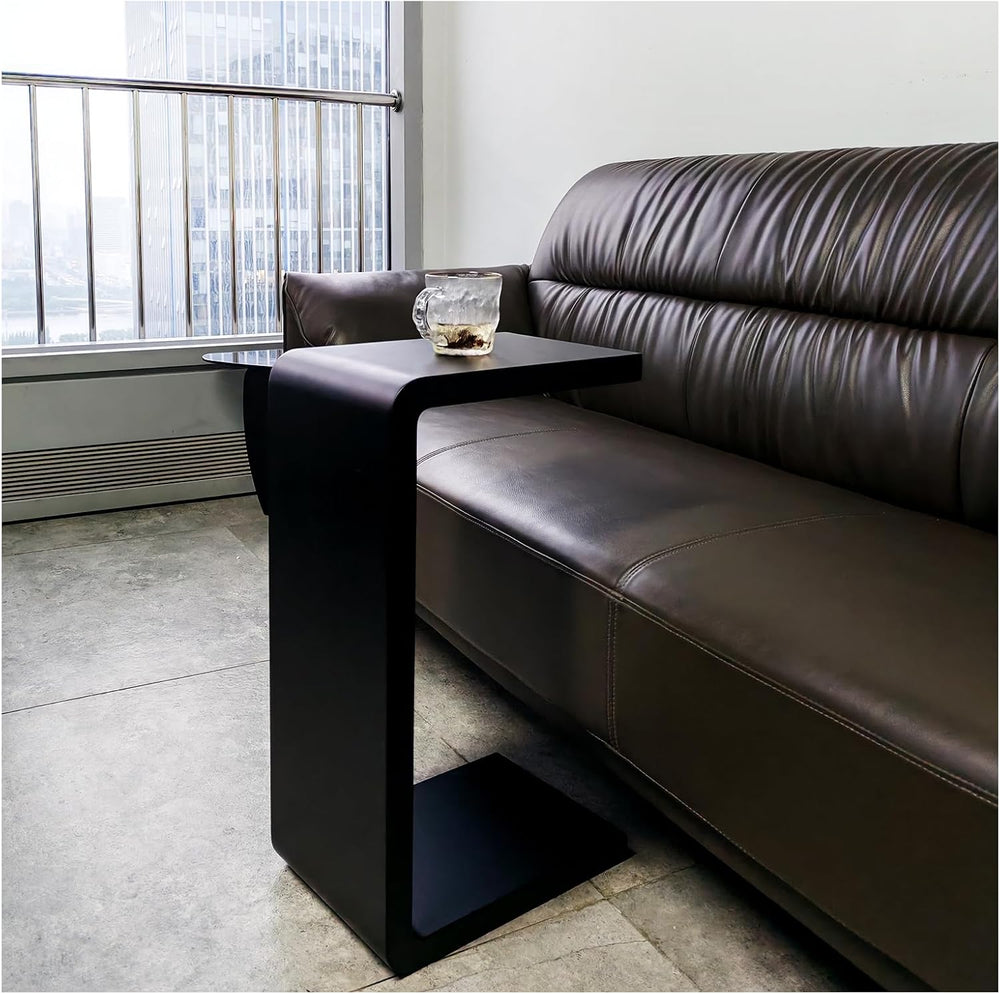 Solid Wood End Table for Couch, C Shaped Mini Sofa Side Table for Small Narro...