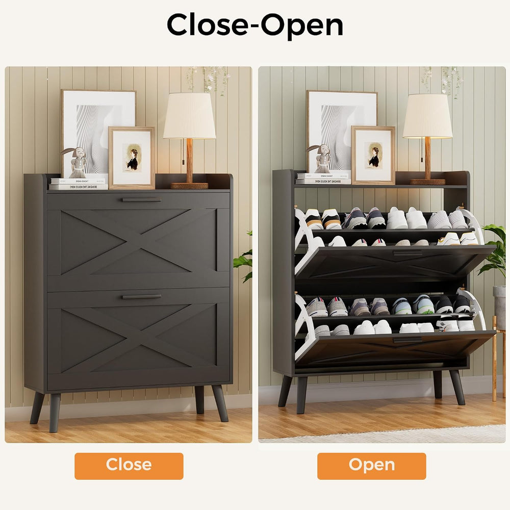 Homleke Farmhouse Shoe Storage Cabinet with Flip Drawers & Barn Door Desi...