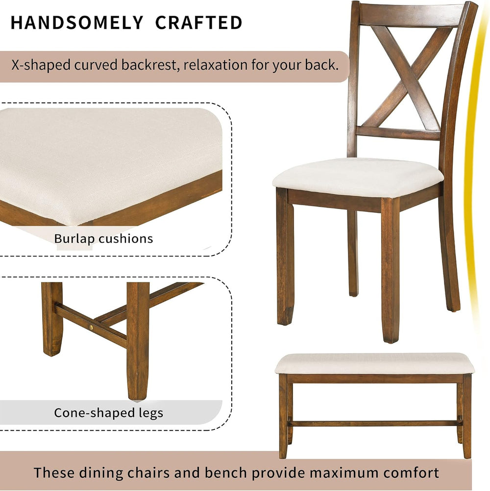 Merax 6 Piece Farmhouse Dining Table Set, 60" Solid Wood Rectangular Kit...