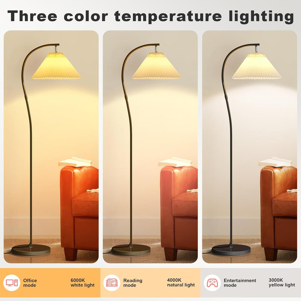 Unique Black Arched Pleated shade Floor Lamp, 12W LED Bulb 3-Color Dimming