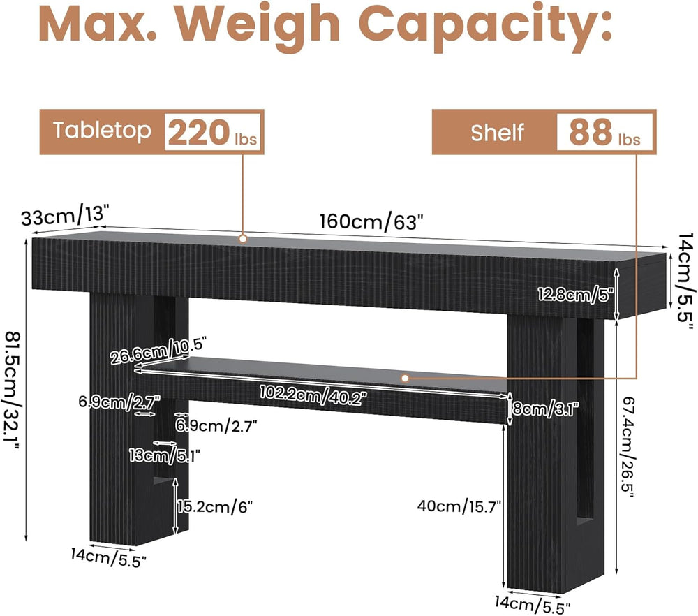 Bigbiglife 63" Fluted Console Table, Black | 2-Tier with Storage Shelves...