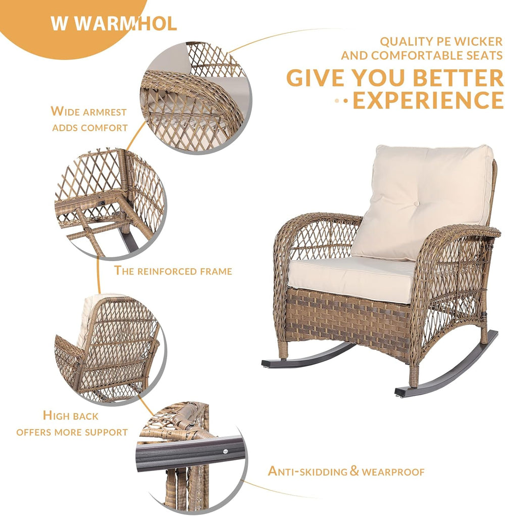 Outdoor Wicker Rocking Chair with Thickened Cushions, All-Weather Rattan Pati...