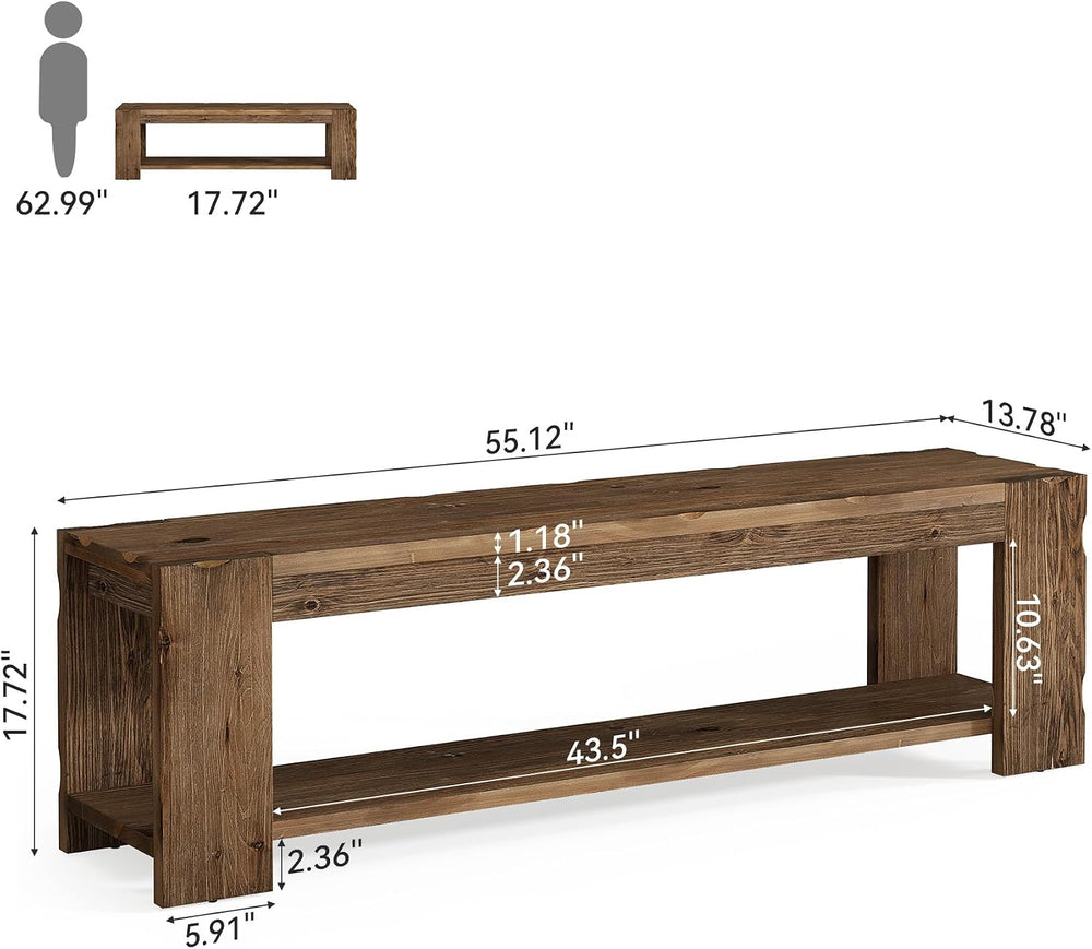 Solid Wood Entryway Bench with Storage Shelf, 55.12-Inch 2-Tier Wood Shoe Ben...