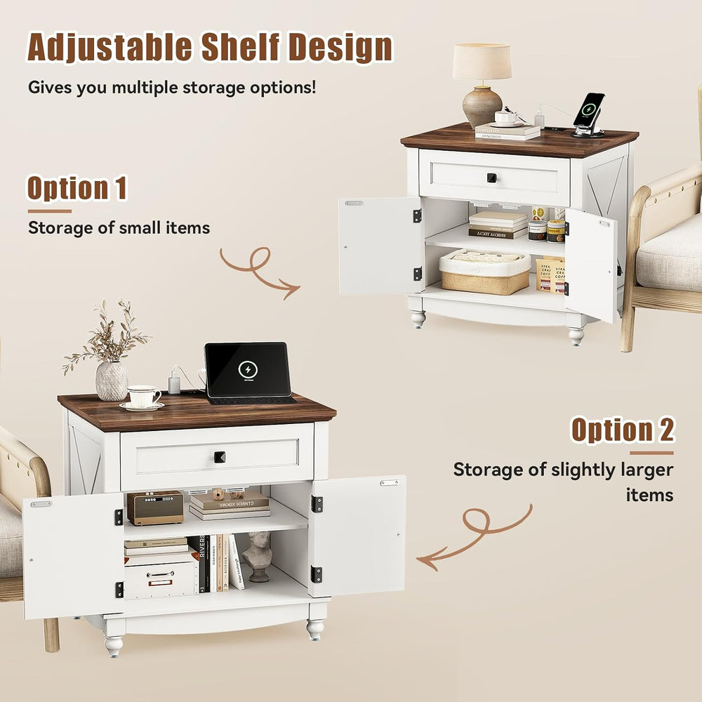Farmhouse End Table with Charging Station, 24inch White Nightstand with Door ...