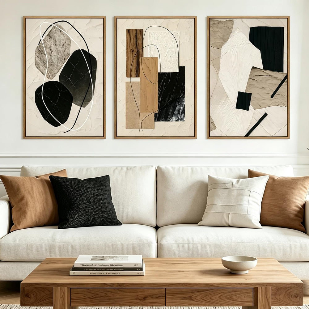 Large Abstract Paintings Framed Neutral Canvas Prints Mid Century Modern Wall...